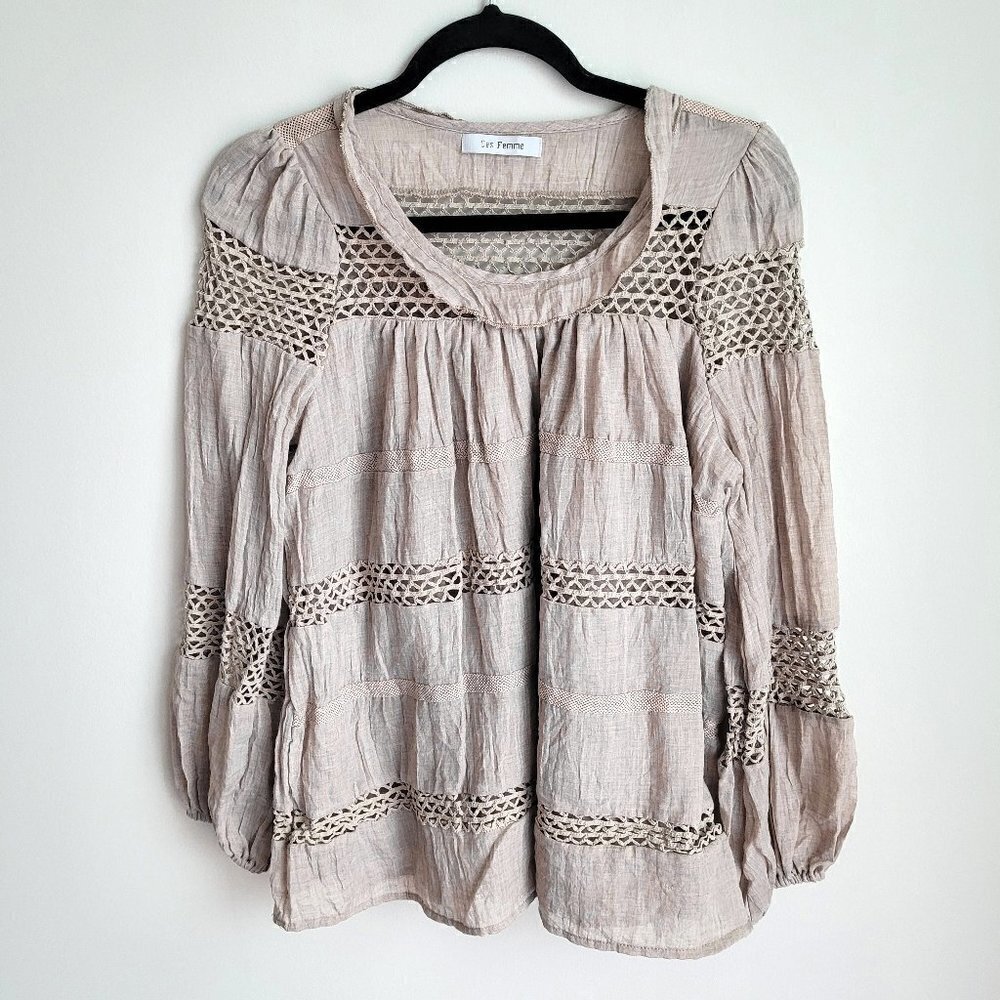 Ces Femme Tan Crochet Lace Peasant Boho Scoop Ruffle Neck Long Cuff Sleeve Top